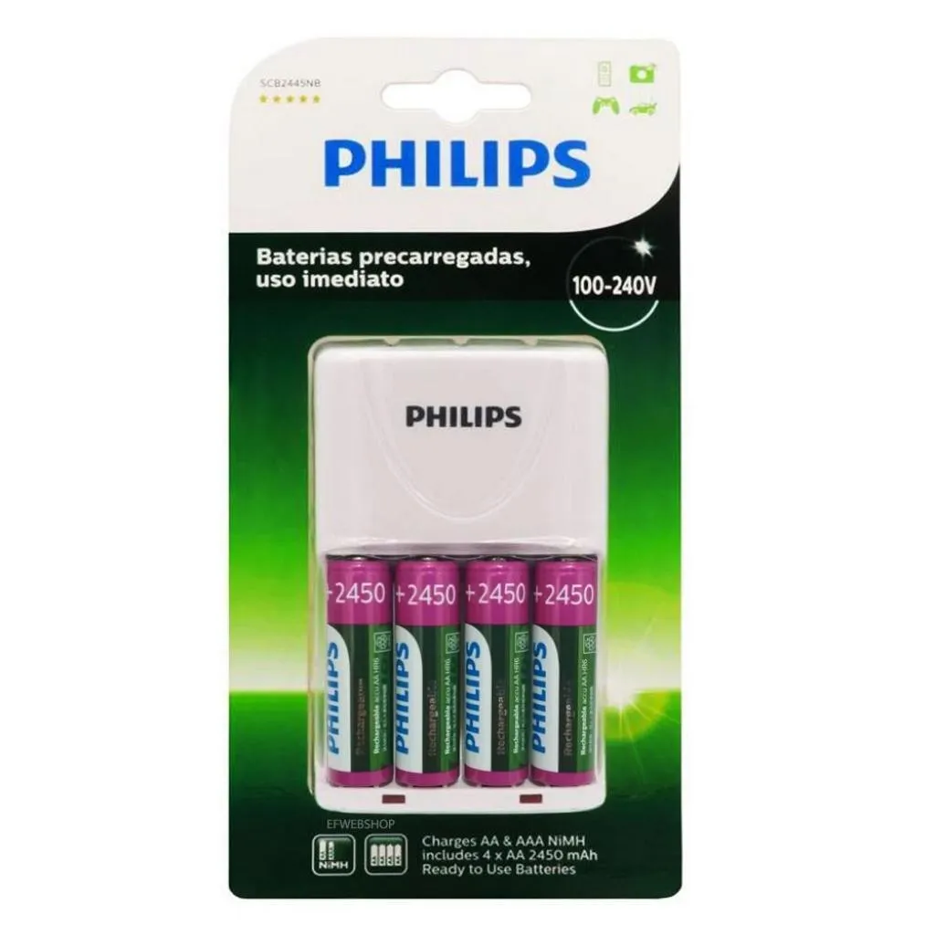Carregador De Pilha Philips SCB2445NB/97 C/4Pilhas