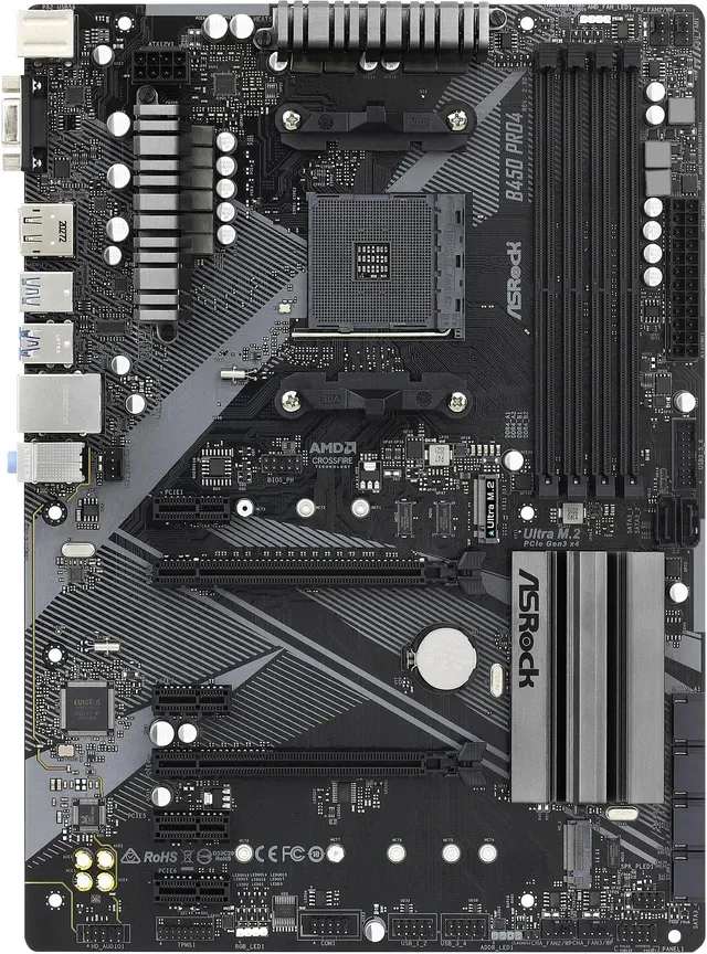 Placa-Mãe ASRock B450 Pro4 R2.0 DDR4 AM4 ATX - Preto/Prata