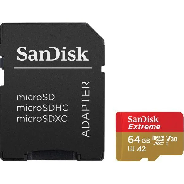 Memória Micro SD SanDisk Extreme 170-80 MB/s U3 64GB com Adaptador (SDSQXAH-064G-GN6AA)