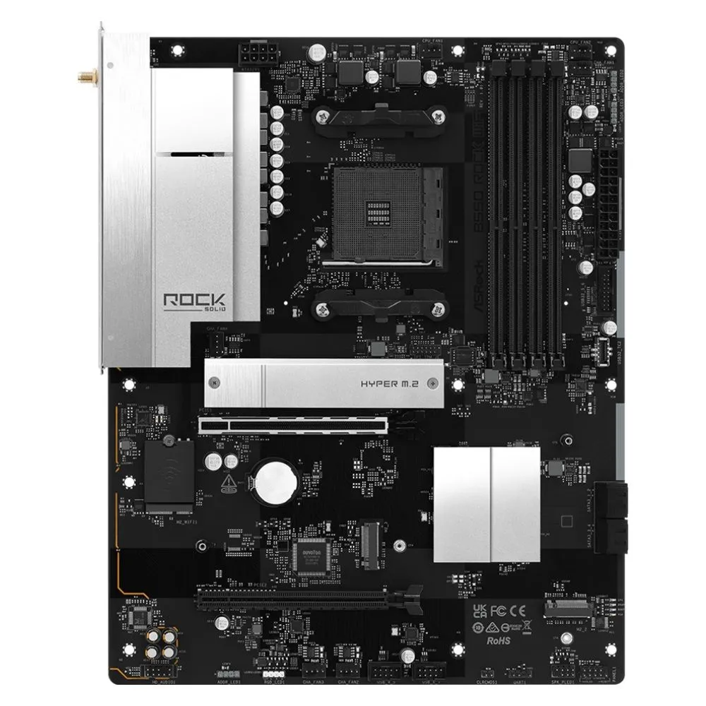 Placa-Mãe ASRock B550 Rock WiFi DDR4 AM4 ATX Wi-Fi 6E - Preto/Prata