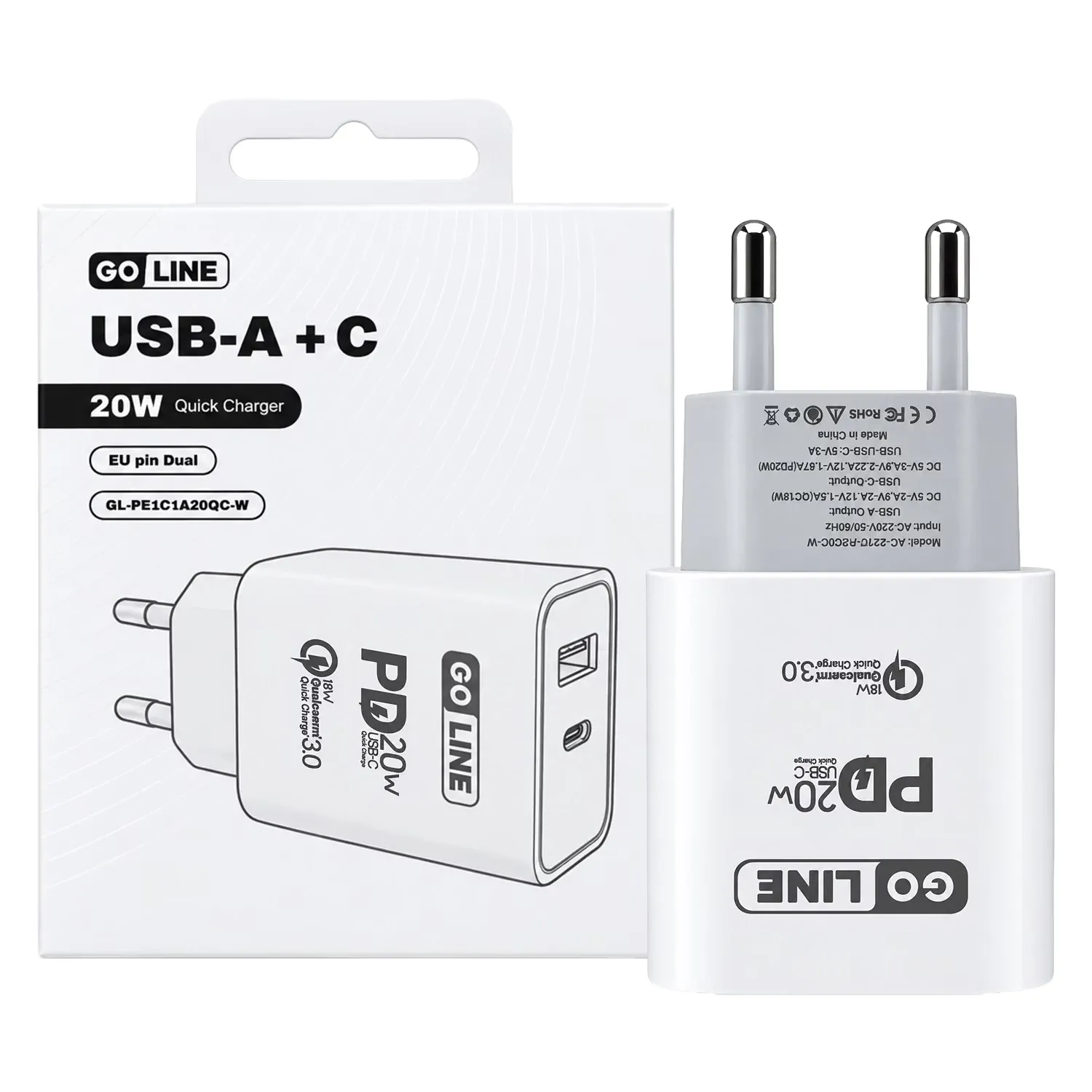 Carregador de Tomada Goline Quick Charger 20W USB-A + USB-C Branco GL-PE1C1A20QC-W
