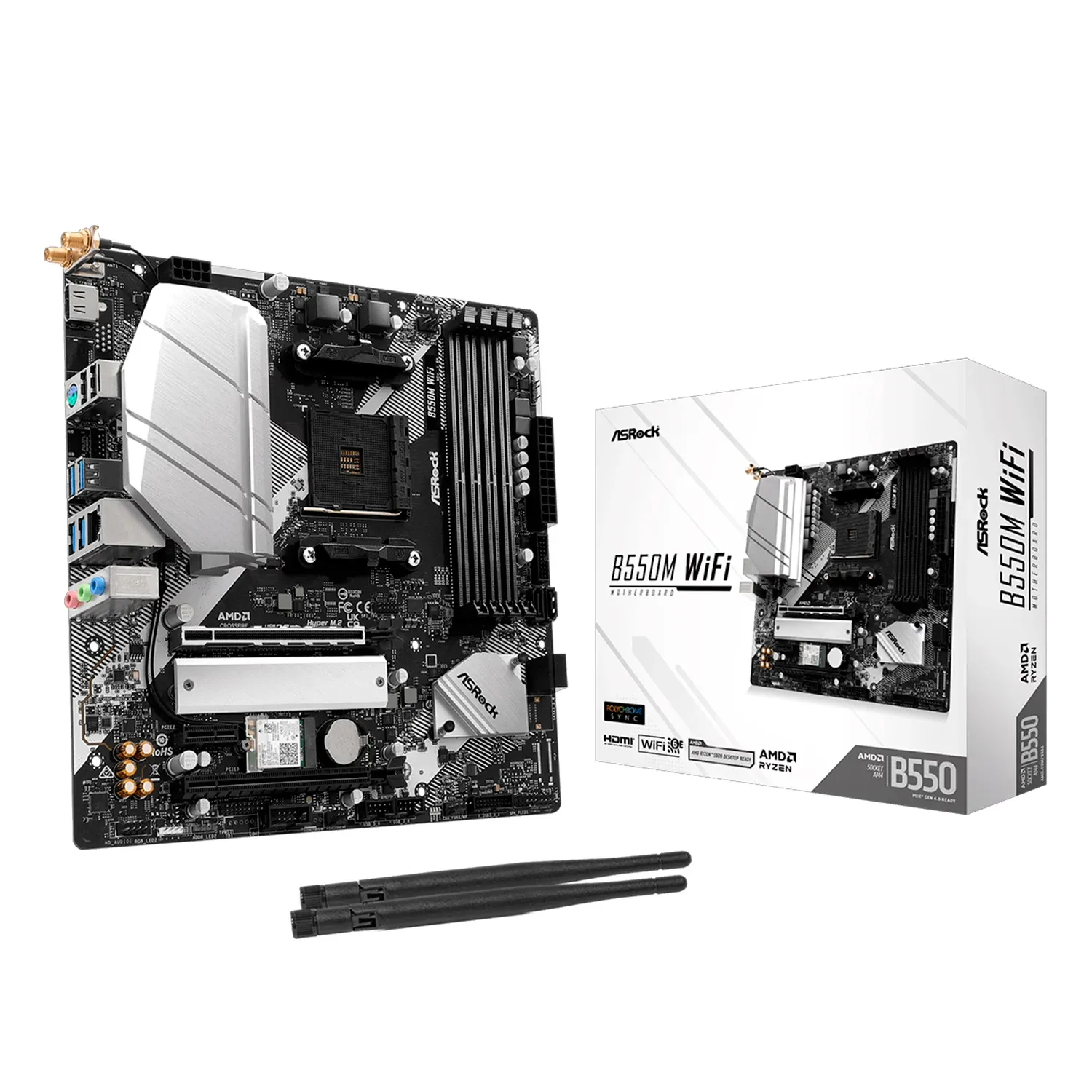 Placa-Mãe ASRock B550M WiFi DDR4 AM4 Micro-ATX Wi-Fi 6E - Preto/Prata