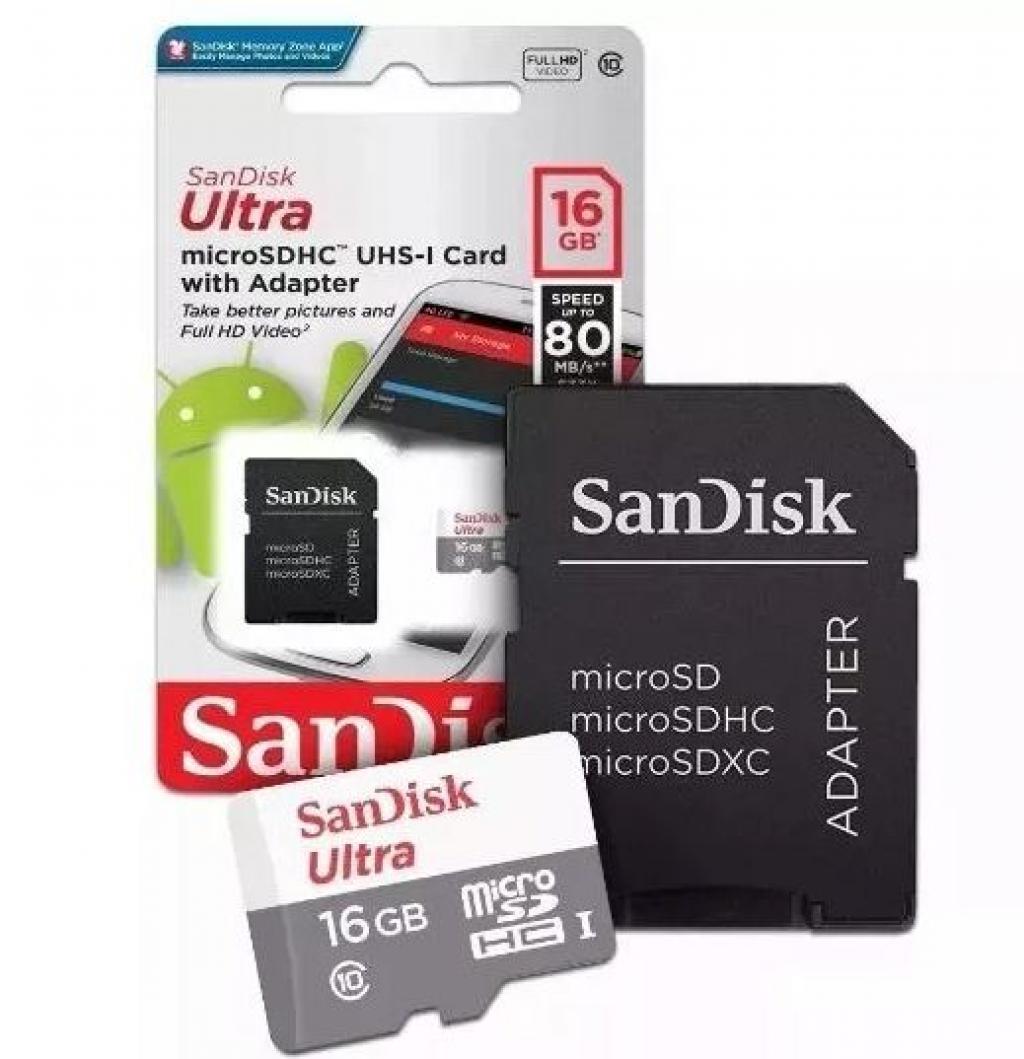 Memory SD Micro 16GB Sandisk Ultra CL10 80MB/s